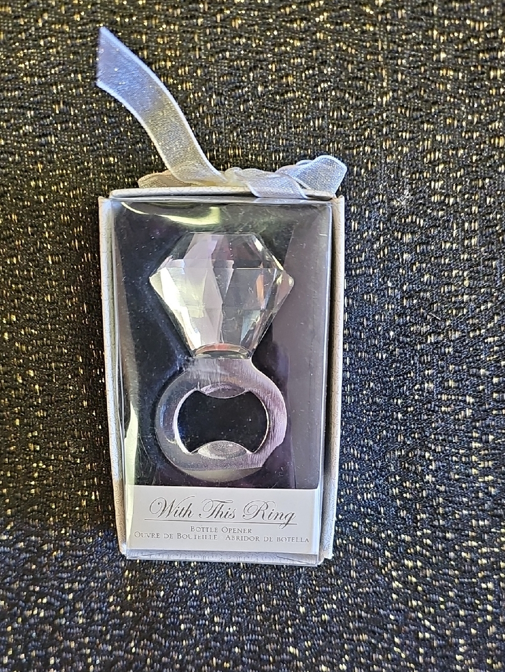 Kate Aspen Clear Crystal Ring Bottle Opener with Silver Ribbon
